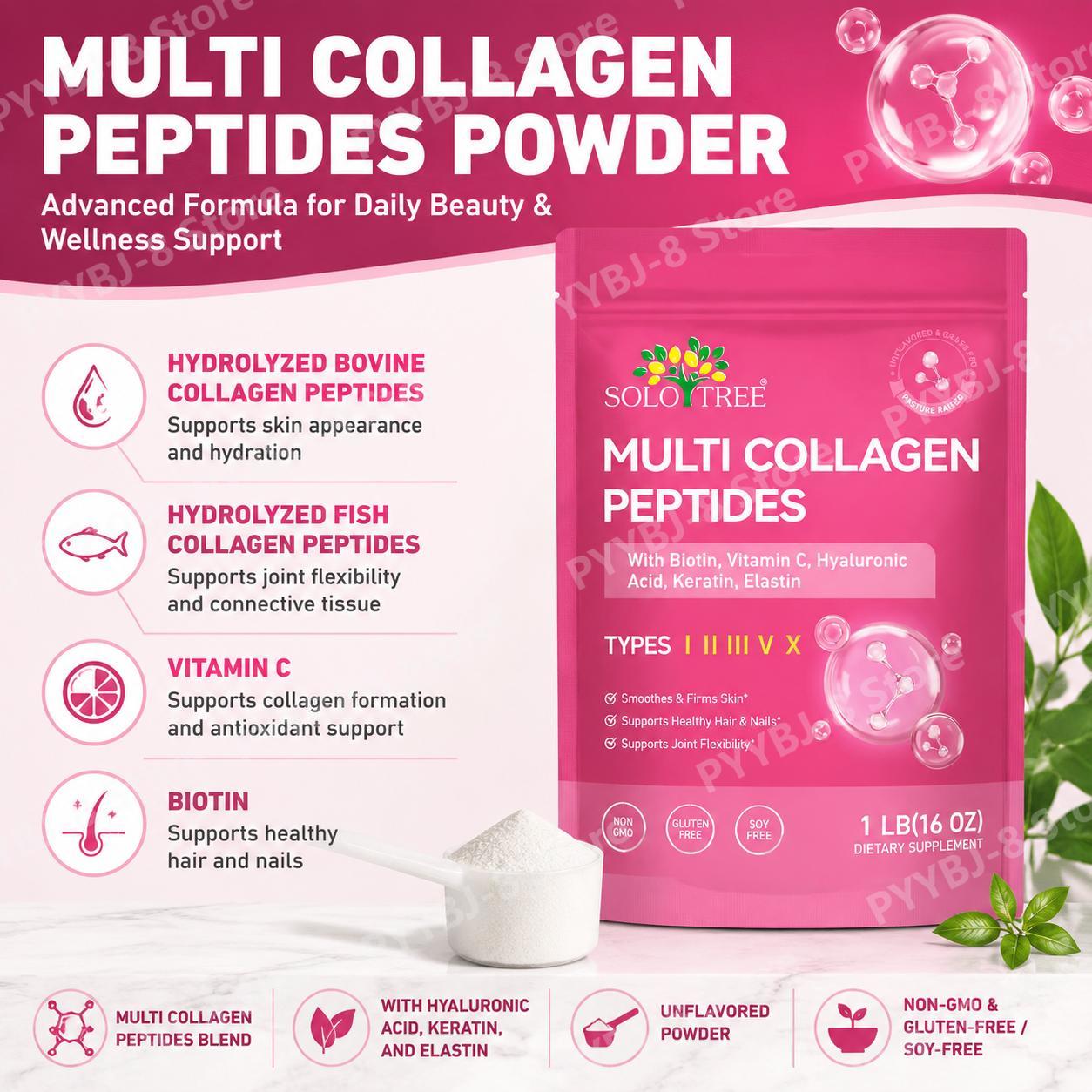 Vitamin C Powder - ソロツリー マルチコラーゲンペプチドパウダー（ビオチン、ビタミンC、ヒアルロン酸、ケラチン、エラスチン配合）、無香料、41回分