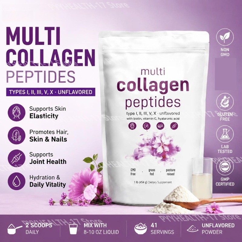 Vitamin C Powder - マルチコラーゲンペプチドパウダー（タイプI、II、III、V）ビオチン、ビタミンC、ヒアルロン酸配合で、男性と女性の肌、髪、爪をサポートします。