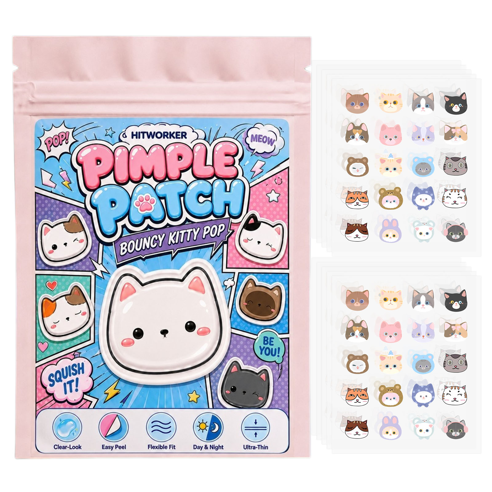 Hydrocolloid Acne Patch - 100枚入りキュートな猫型ニキビパッチ、ハイドロコロイドスポットカバーシール、超薄型で剥がしやすいフェイスパッチ、昼夜兼用